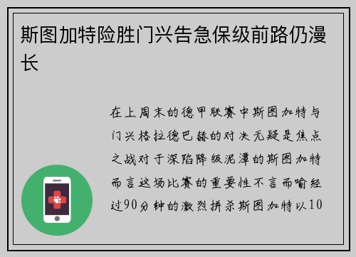 斯图加特险胜门兴告急保级前路仍漫长