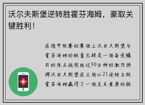 沃尔夫斯堡逆转胜霍芬海姆，豪取关键胜利！