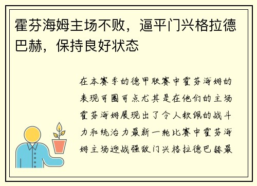 霍芬海姆主场不败，逼平门兴格拉德巴赫，保持良好状态